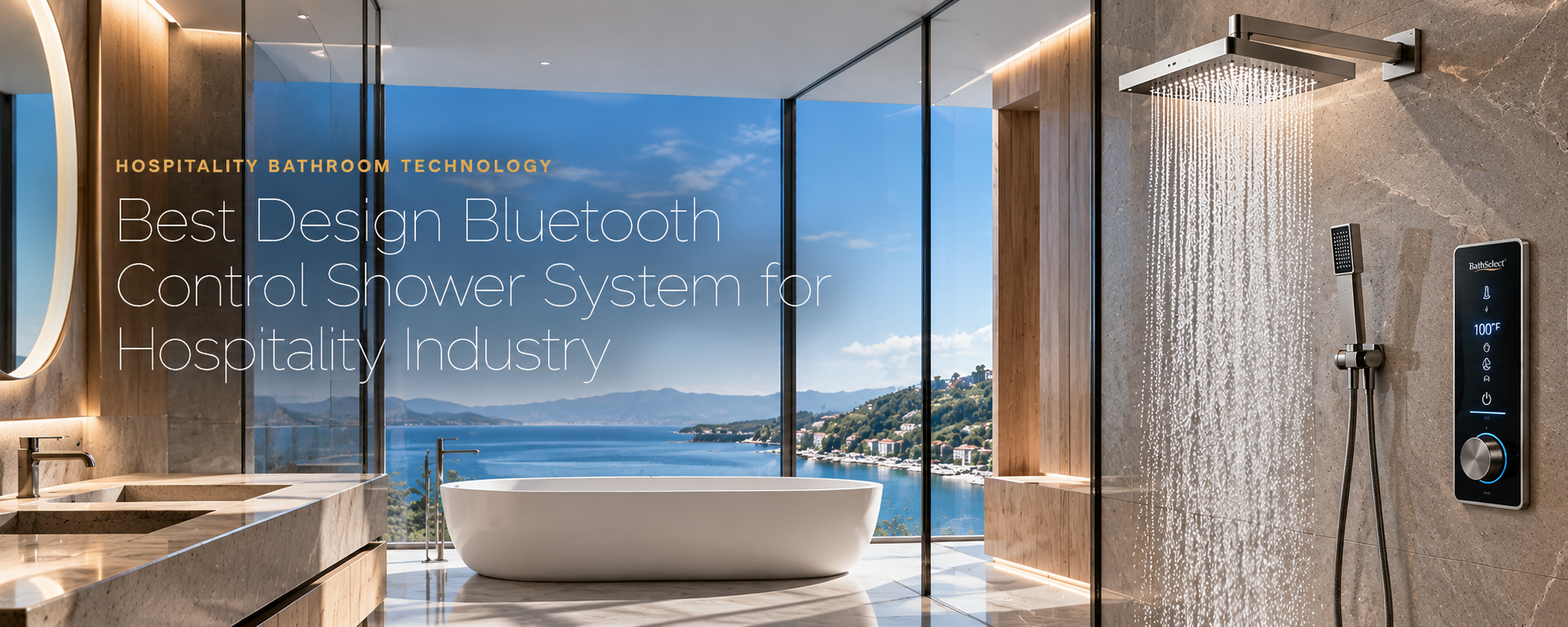 BathSelect luxury hospitality bathroom with rainfall shower and digital control panel